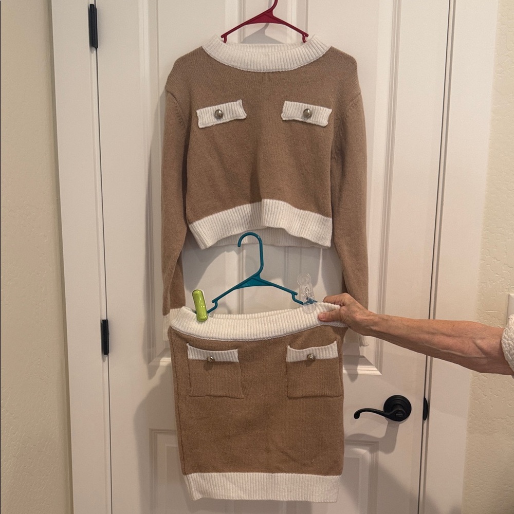 Pink Lily Cream and Tan Crew Neck Sweater in Large and Matching Skirt in Medium!